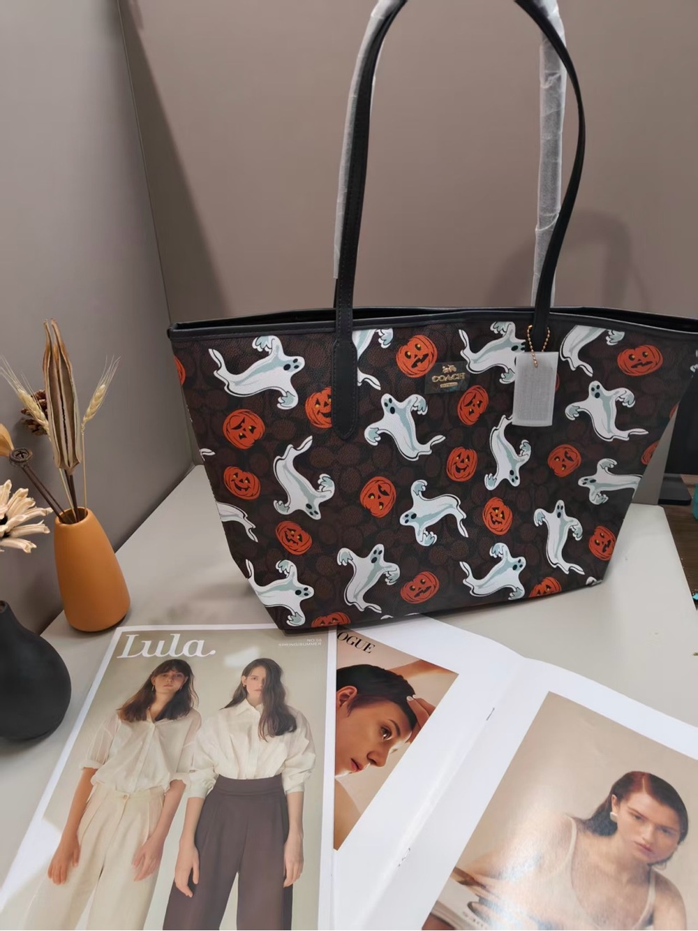Coach Black Halloween Ghost & Pumpkin Print Tote